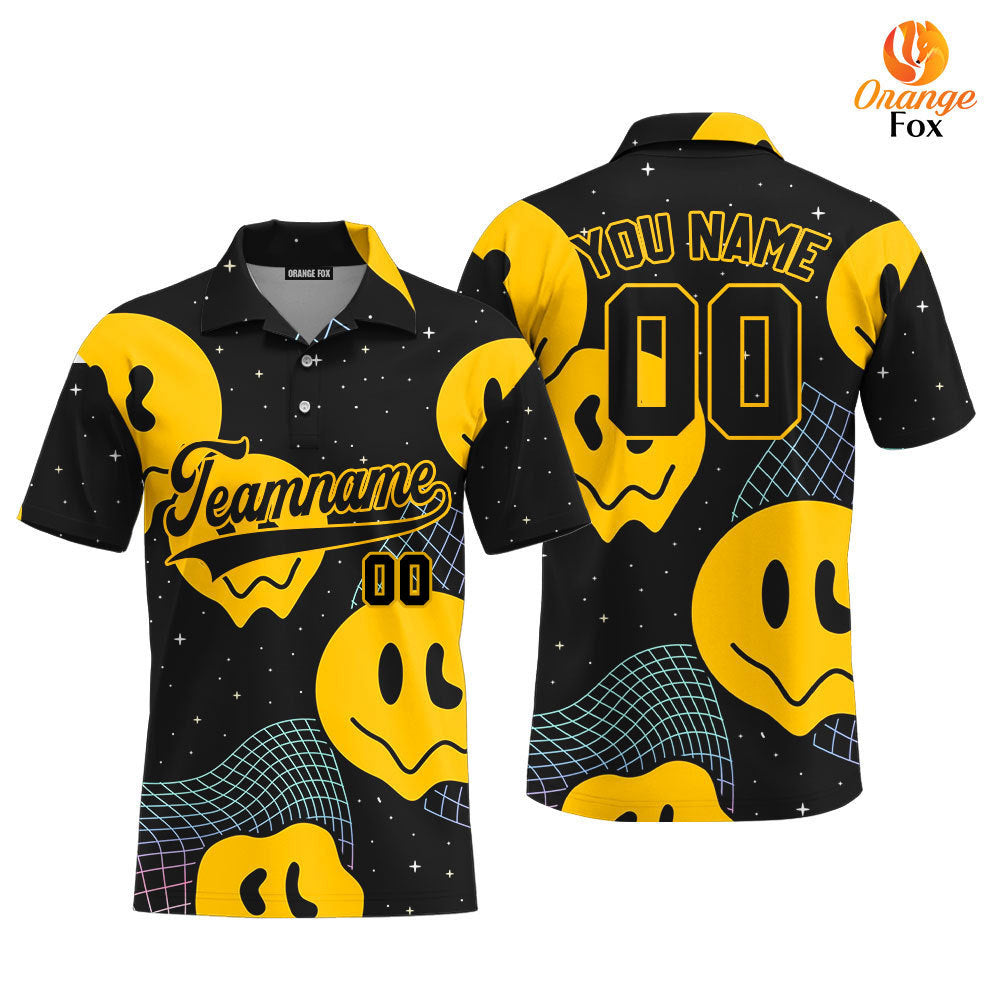 Custom Psychedelic Smiley Hippie Pattern Black Yellow Custom Polo Shirt For Men