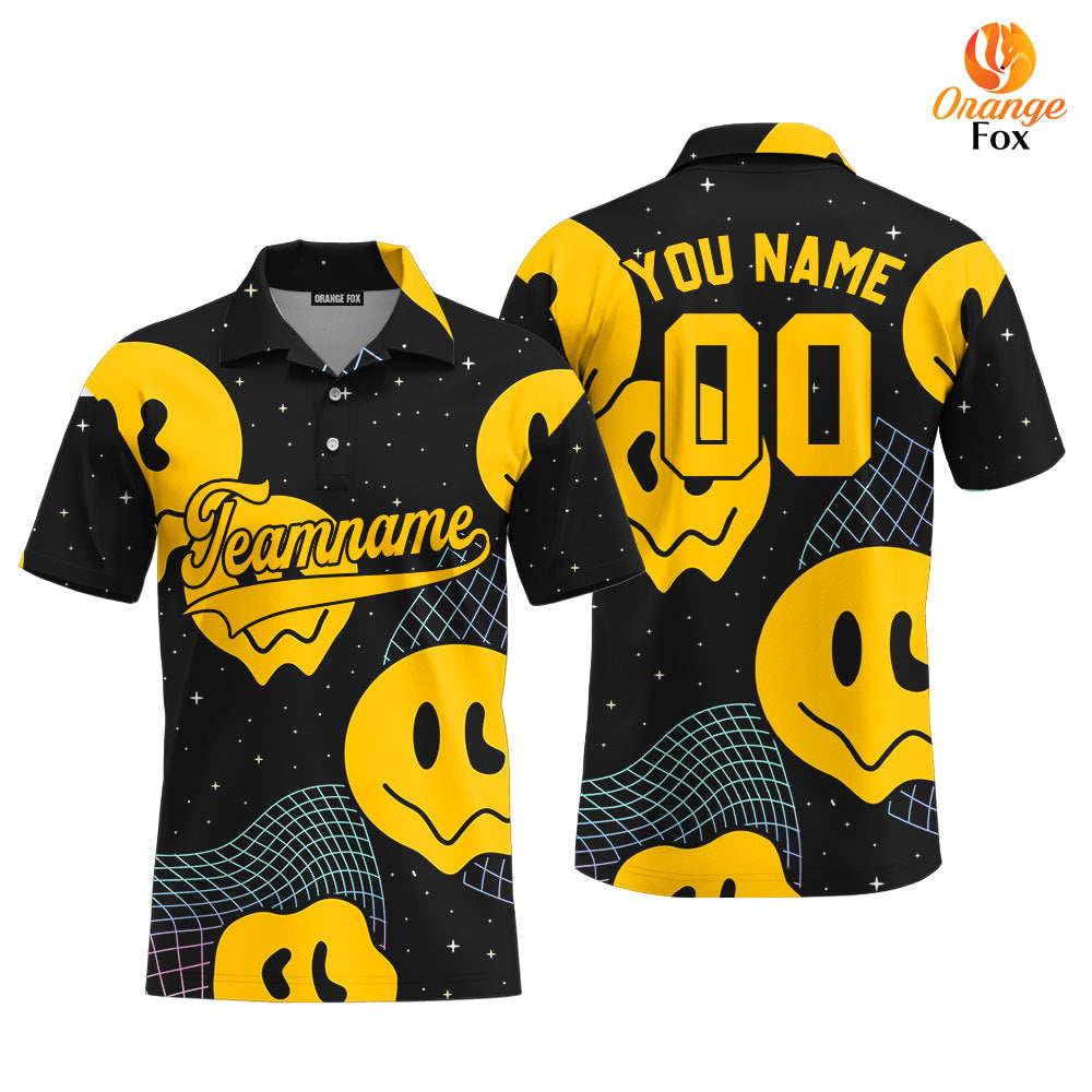 Custom Psychedelic Smiley Hippie Pattern Yellow Black Custom Polo Shirt For Men