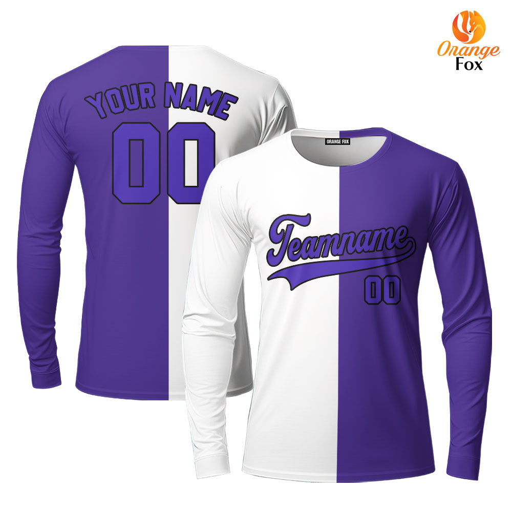 Custom Purple Black White Split Fashion Custom Long Sleeve T-Shirt For Men & Women