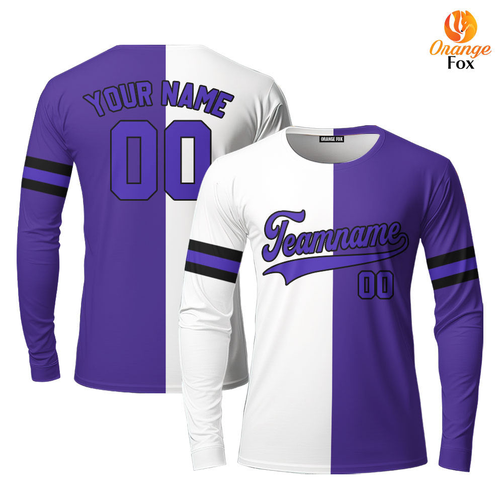 Custom Purple Black White Split Fashion Custom Long Sleeve T-Shirt For Men & Women