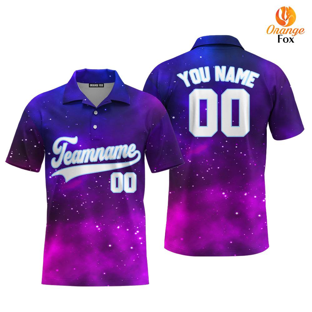 Custom Purple Infinite Galaxy Pattern White Light Blue Custom Polo Shirt For Men