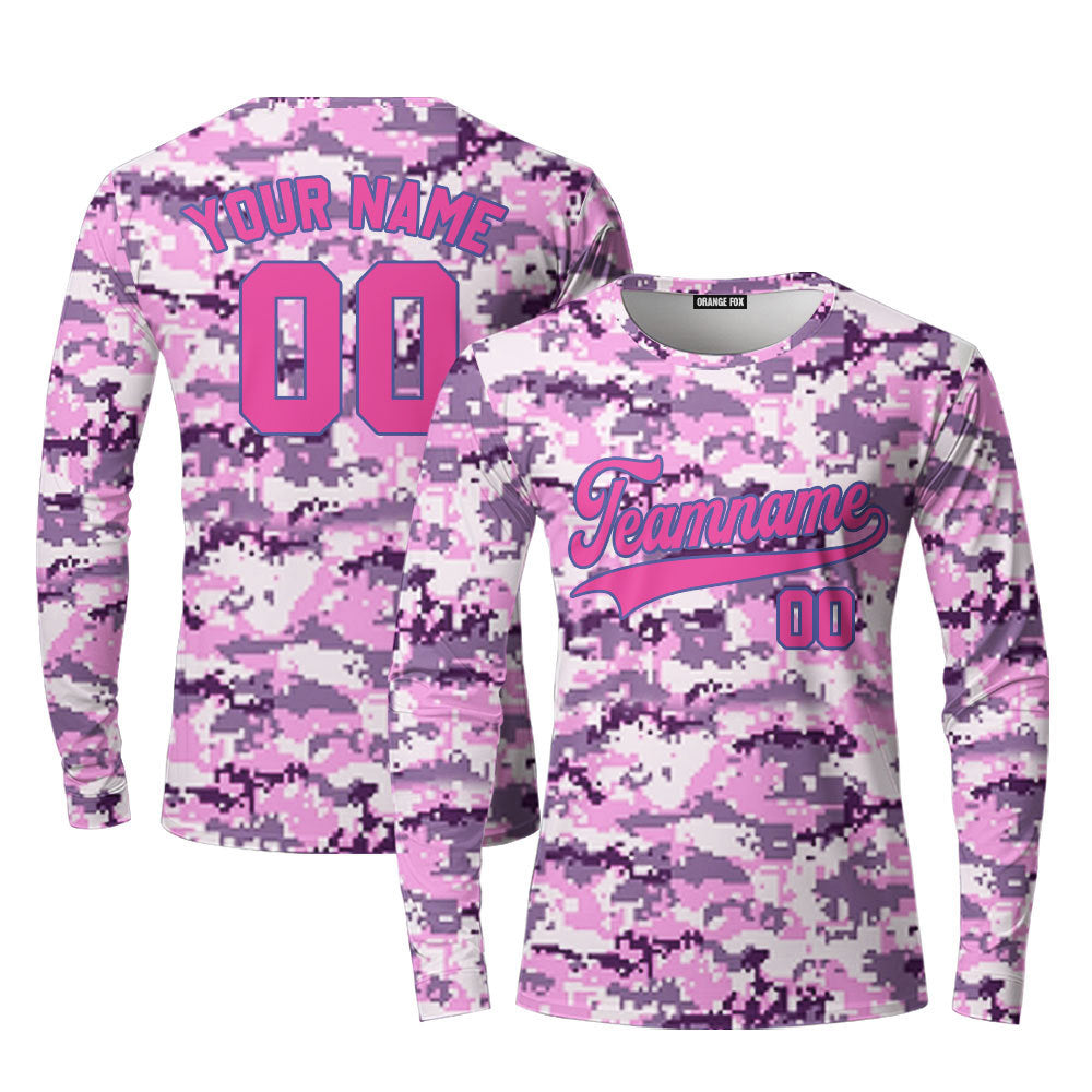 Custom Purple Pixel Camouflage Light Blue Pink Custom Long Sleeve T-Shirt For Men & Women