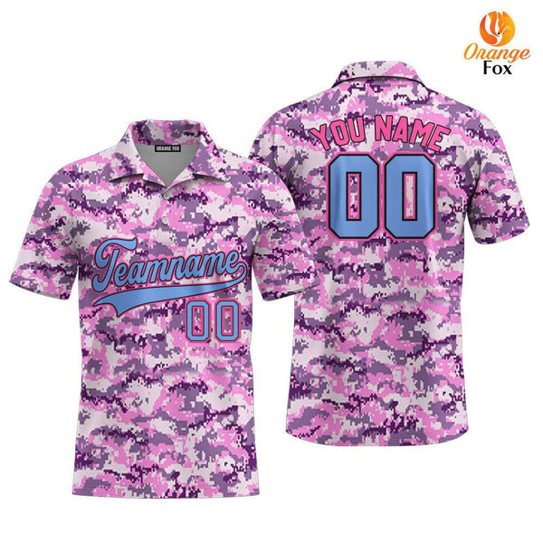 Custom Purple Pixel Camouflage Light Blue Pink Custom Polo Shirt For Men