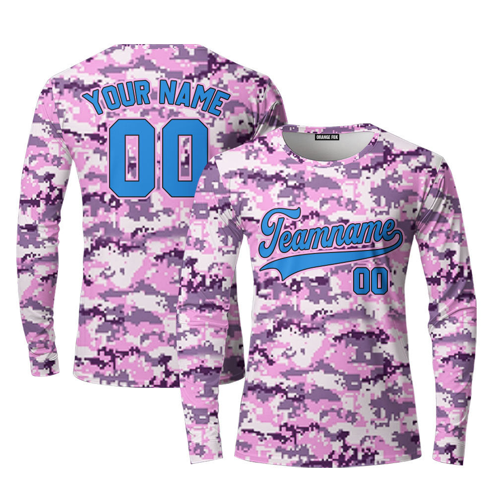 Custom Purple Pixel Camouflage Pink Royal Blue Custom Long Sleeve T-Shirt For Men & Women