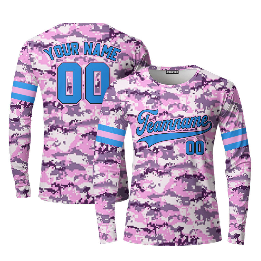 Custom Purple Pixel Camouflage Pink Royal Blue Custom Long Sleeve T-Shirt For Men & Women