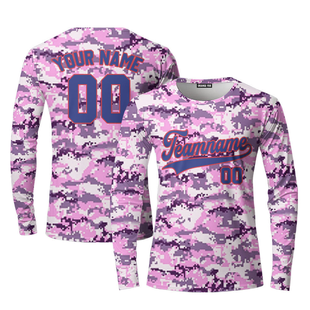 Custom Purple Pixel Camouflage Royal Blue Red Custom Long Sleeve T-Shirt For Men & Women