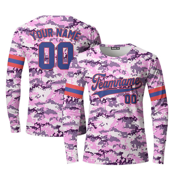 Custom Purple Pixel Camouflage Royal Blue Red Custom Long Sleeve T-Shirt For Men & Women