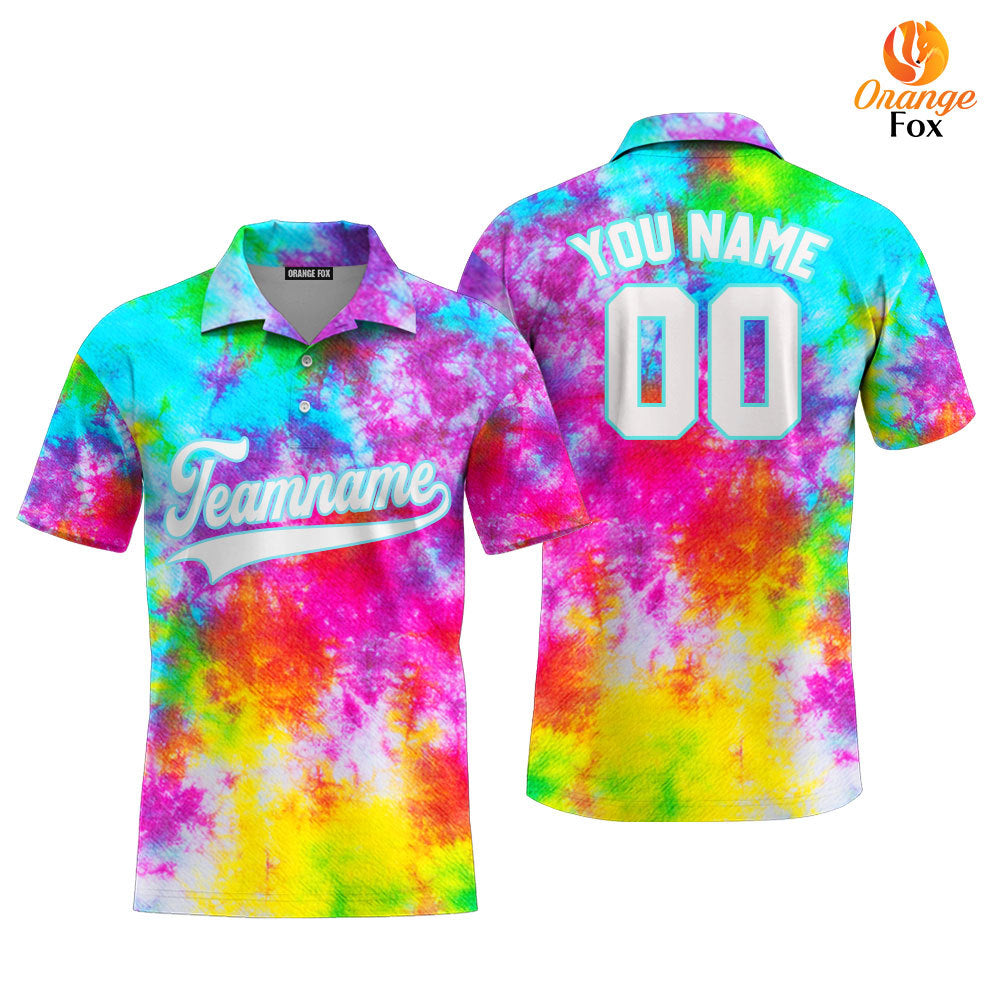 Custom Rainbow Tie Dye White Light Blue Custom Polo Shirt For Men