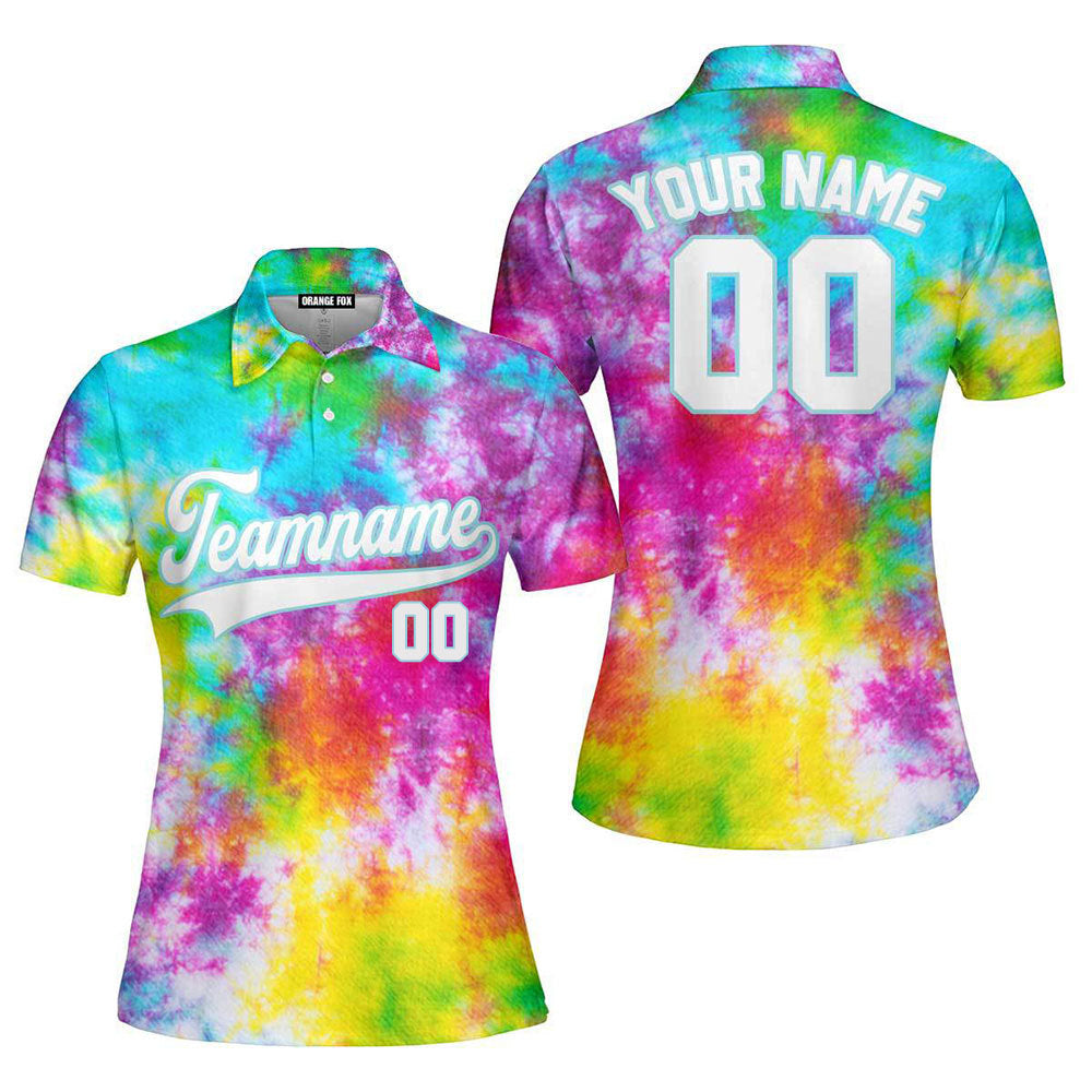 Custom Rainbow Tie Dye White Light Blue Custom Polo Shirt For Women