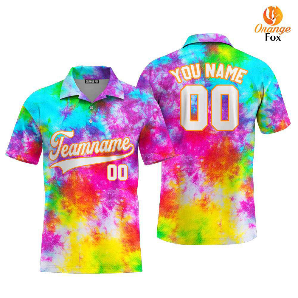 Custom Rainbow Tie Dye White Orange Custom Polo Shirt For Men