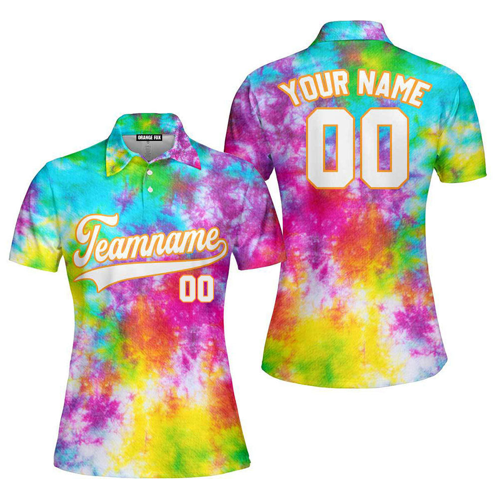 Custom Rainbow Tie Dye White Orange Custom Polo Shirt For Women