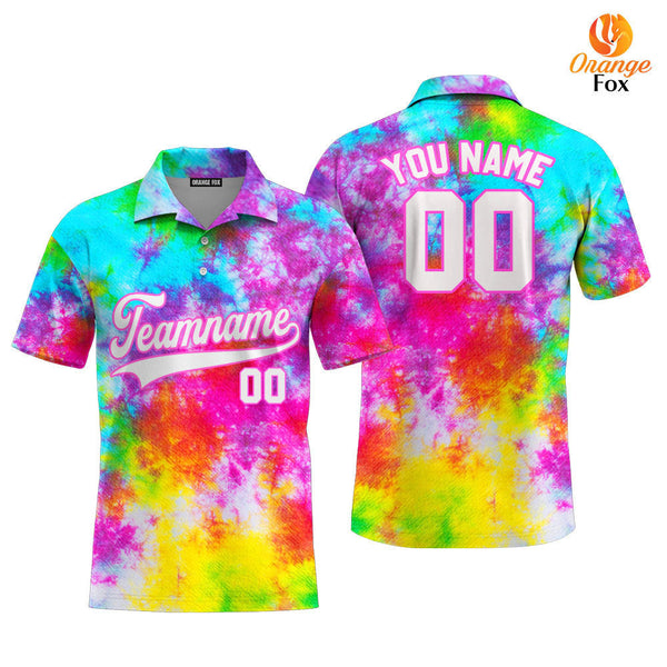 Custom Rainbow Tie Dye White Pink Custom Polo Shirt For Men