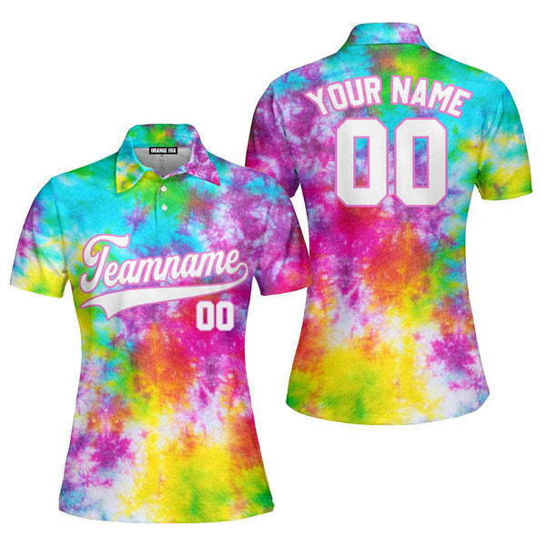 Custom Rainbow Tie Dye White Pink Custom Polo Shirt For Women