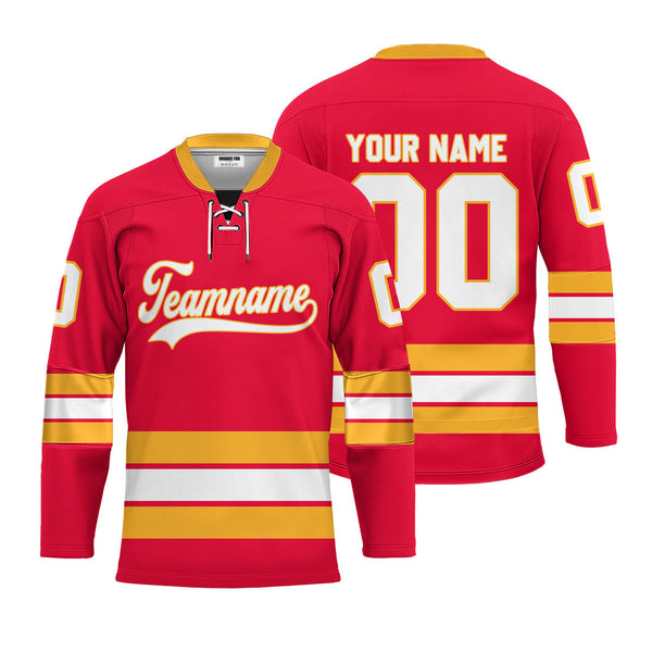 Custom Red Calgary Lace Neck Hockey Jersey For Men & Women