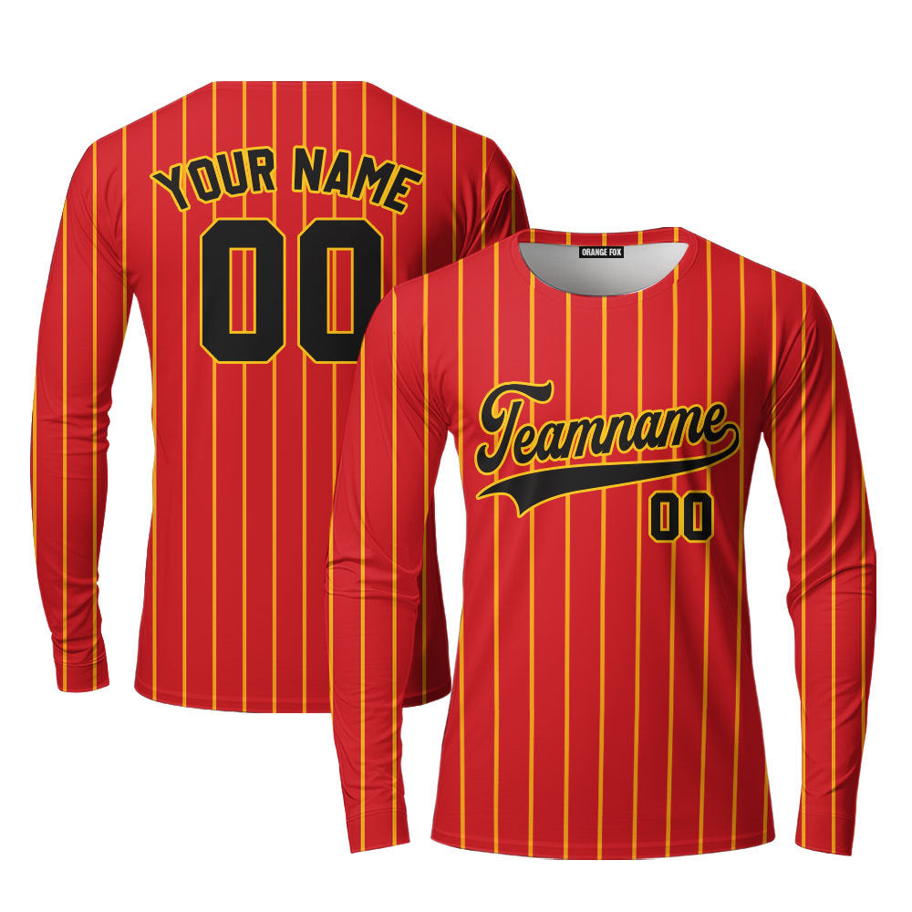 Custom Red Gold Pinstripe Black Gold Custom Long Sleeve T-Shirt For Men & Women