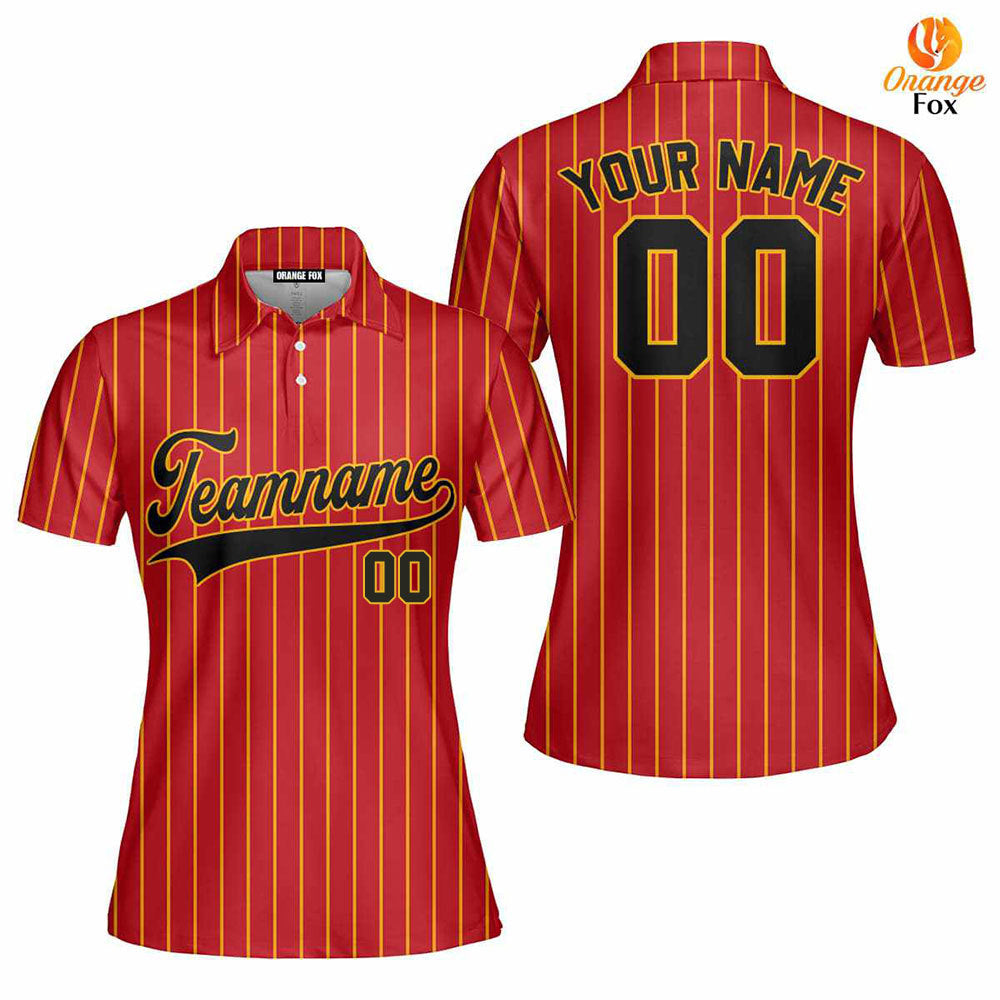 Custom Red Gold Pinstripe Black Gold Custom Polo Shirt For Women