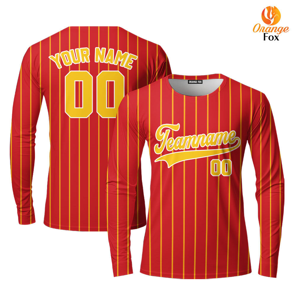 Custom Red Gold Pinstripe Gold White; Custom Long Sleeve T-Shirt For Men & Women