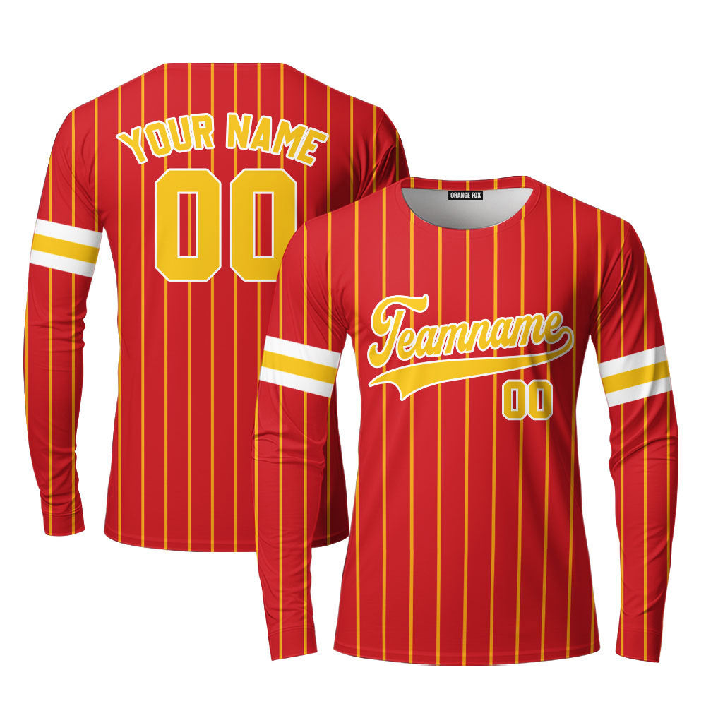 Custom Red Gold Pinstripe Gold White; Custom Long Sleeve T-Shirt For Men & Women