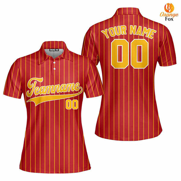 Custom Red Gold Pinstripe Gold White Custom Polo Shirt For Women