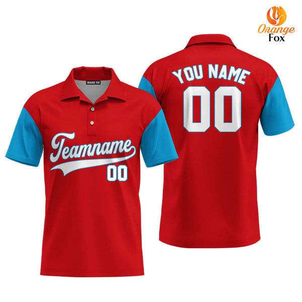 Custom Red Light Blue Raglan White Custom Polo Shirt For Men