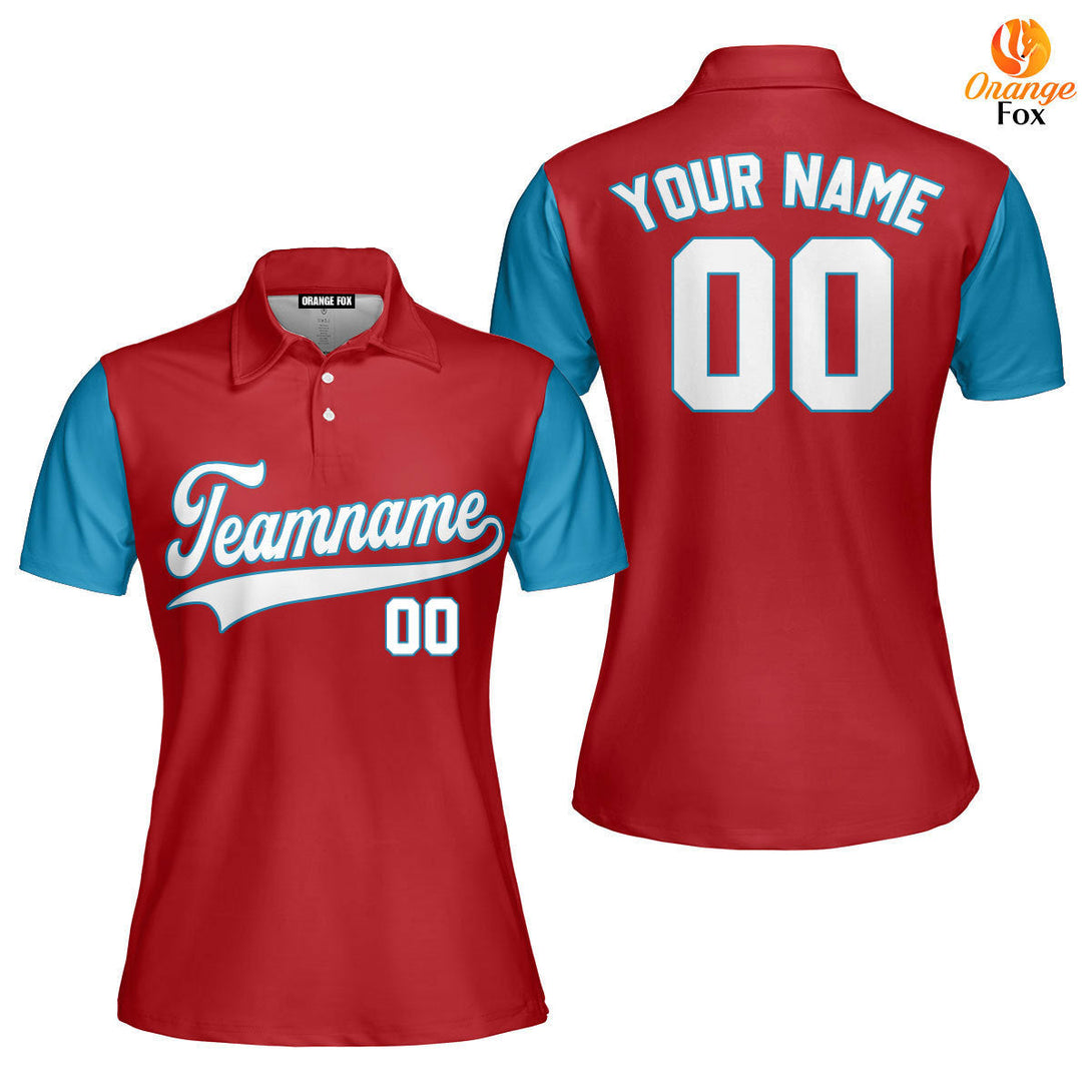 Custom Red Light Blue Raglan White Custom Polo Shirt For Women