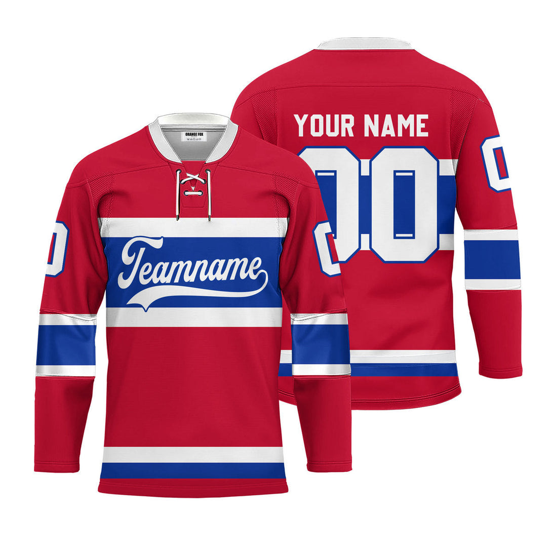 Custom Red Montreal Lace Neck Hockey Jersey For Men & Women