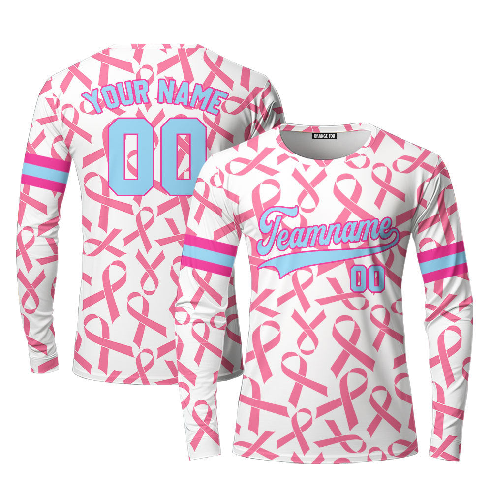 Custom Ribbon Seamless Breast Cancer Light Blue Pink Custom Long Sleeve T-Shirt For Men & Women