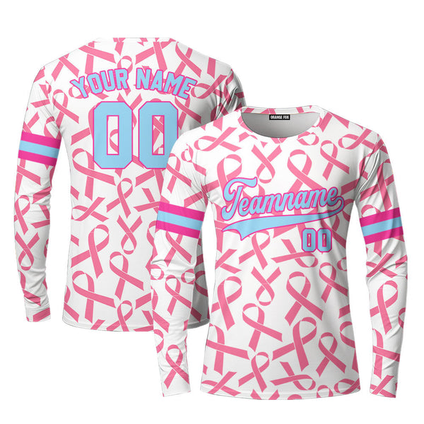 Custom Ribbon Seamless Breast Cancer Light Blue Pink Custom Long Sleeve T-Shirt For Men & Women