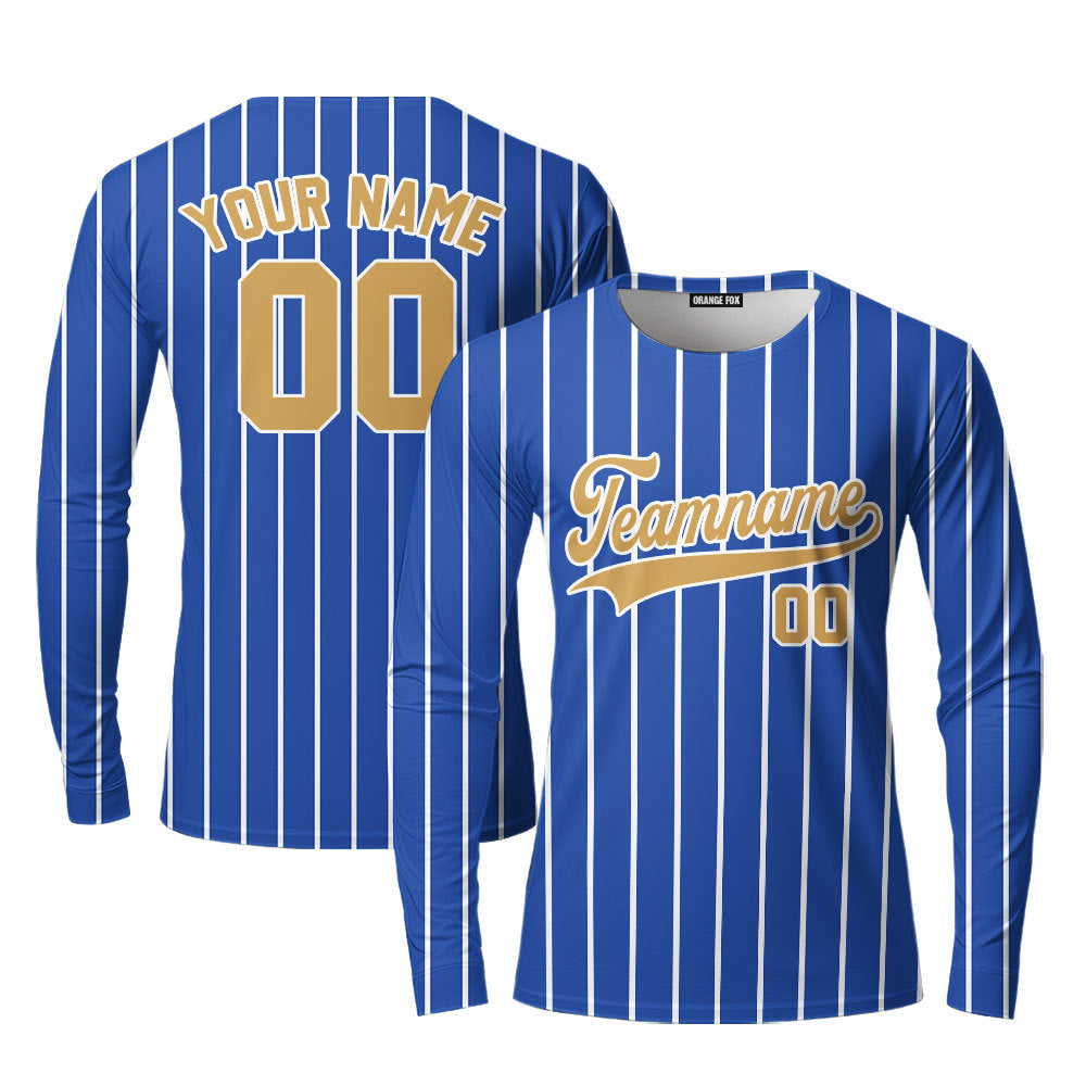 Custom Royal Blue White Pinstripe Gold White Custom Long Sleeve T-Shirt For Men & Women