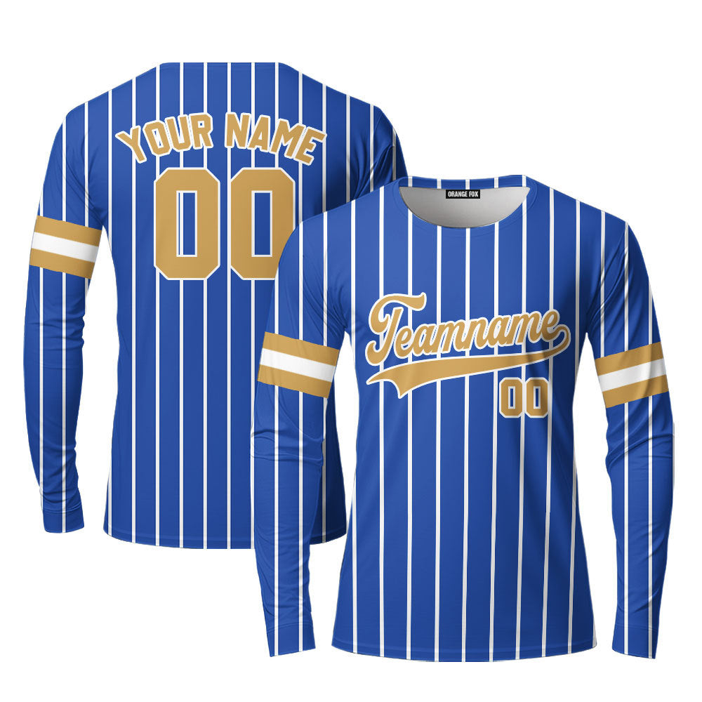 Custom Royal Blue White Pinstripe Gold White Custom Long Sleeve T-Shirt For Men & Women