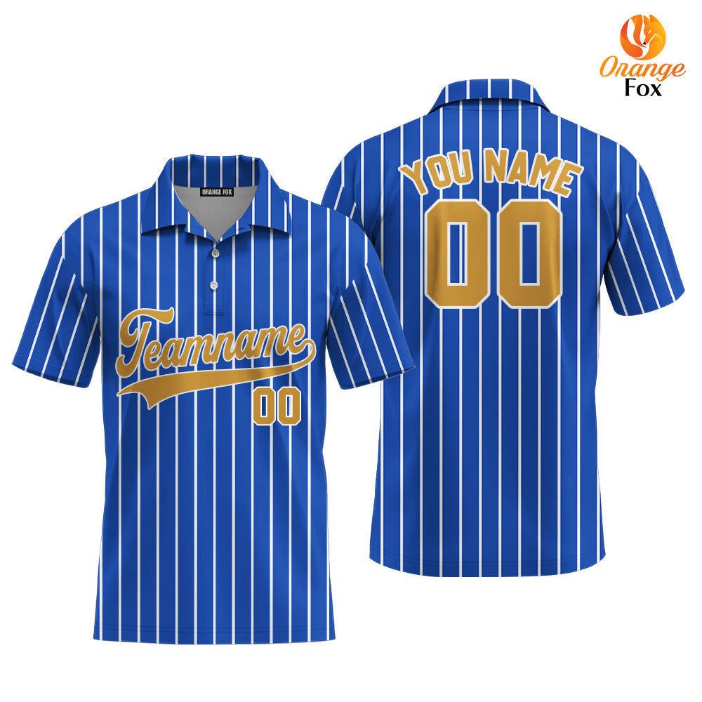 Custom Royal Blue White Pinstripe Gold White Custom Polo Shirt For Men