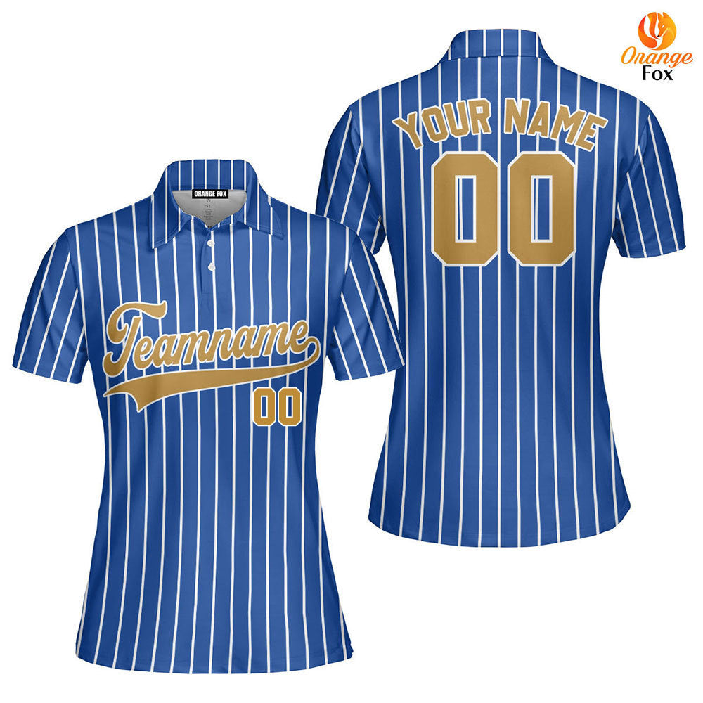 Custom Royal Blue White Pinstripe Gold White Custom Polo Shirt For Women