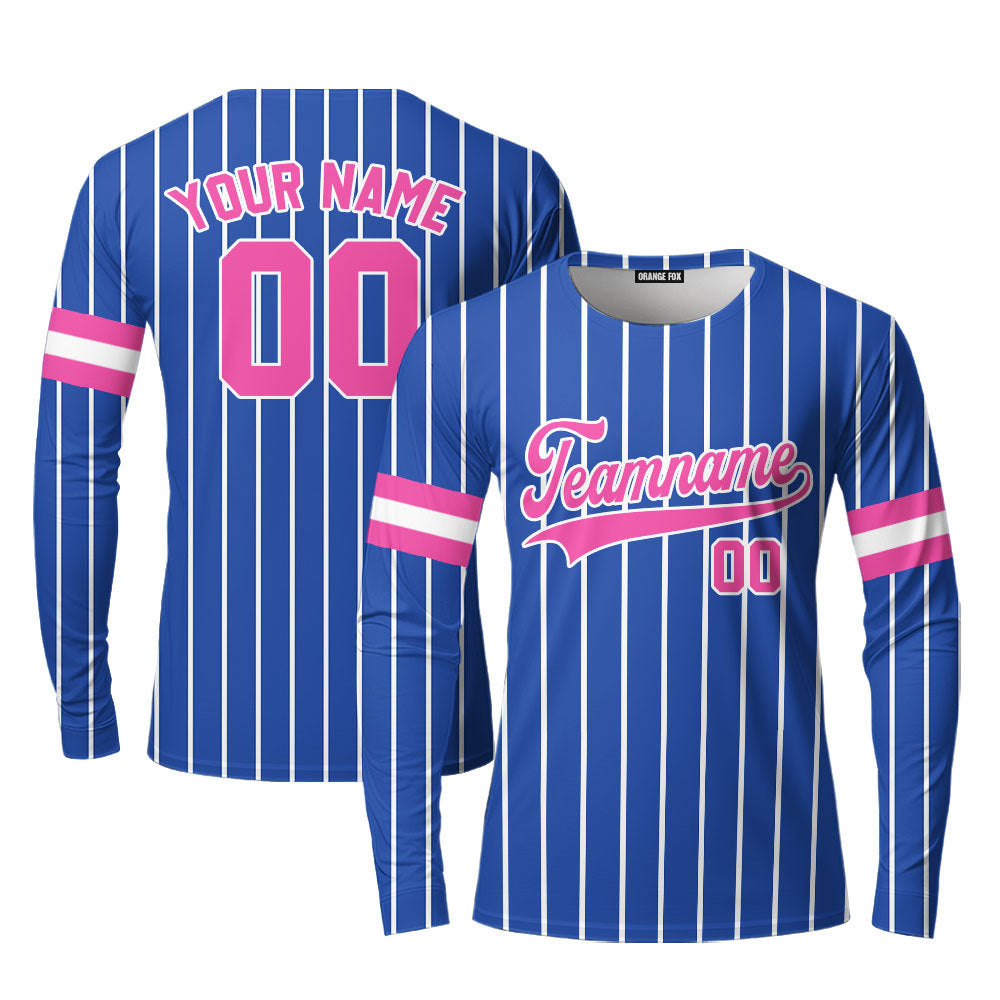 Custom Royal Blue White Pinstripe Pink White Custom Long Sleeve T-Shirt For Men & Women