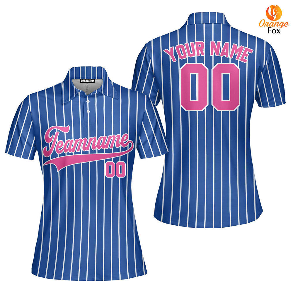 Custom Royal Blue White Pinstripe Pink White Custom Polo Shirt For Women