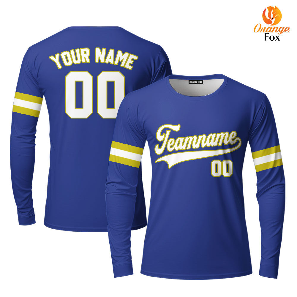 Custom Royal Blue White - Yellow Custom Long Sleeve T-Shirt For Men & Women