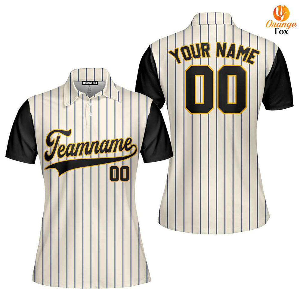 Custom Royal Cream Pinstripe Black Yellow Raglan Sleeves Custom Polo Shirt For Women