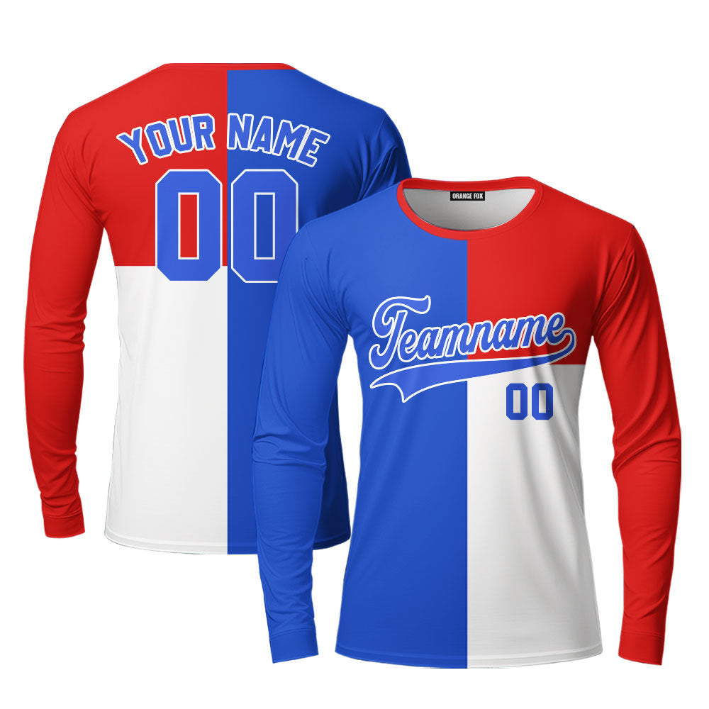 Custom Royal Red White Pattern With Blue Custom Long Sleeve T-Shirt For Men & Women