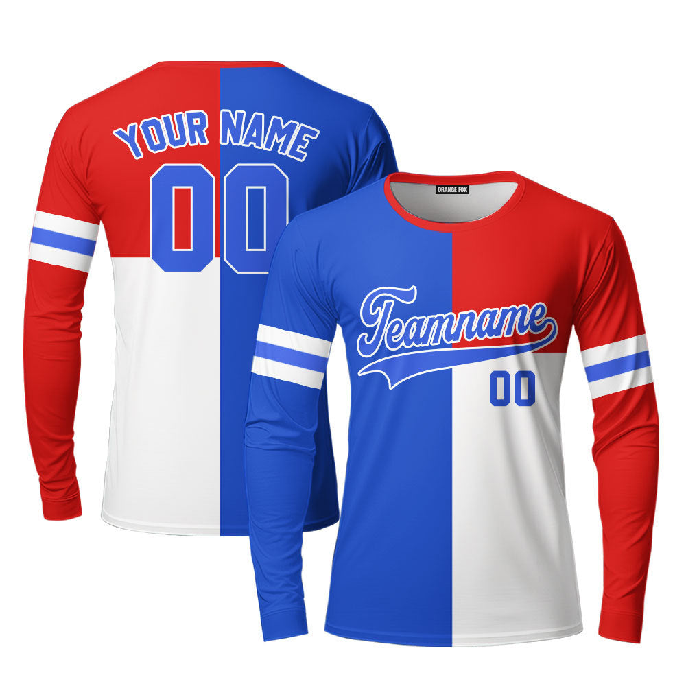 Custom Royal Red White Pattern With Blue Custom Long Sleeve T-Shirt For Men & Women