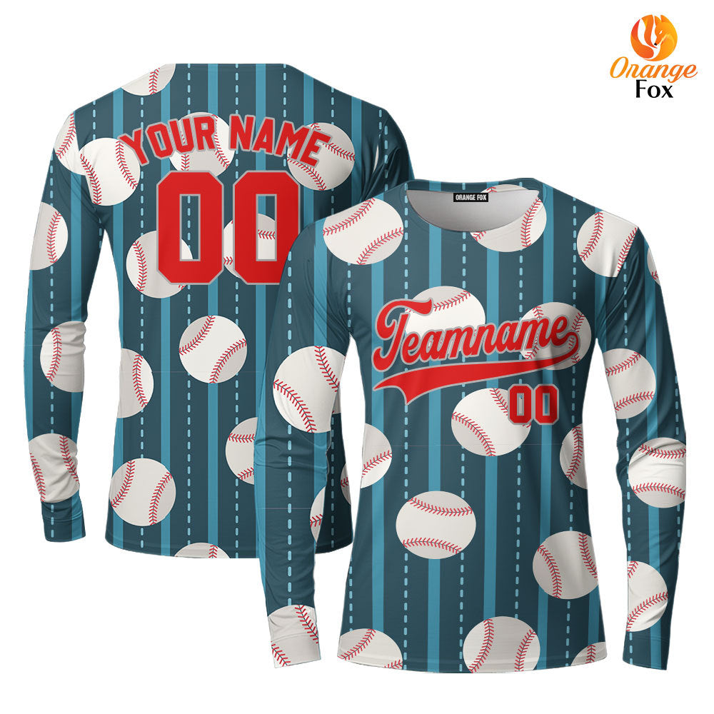 Custom Teal Baseball Striped Pattern Red Gray Custom Long Sleeve T-Shirt For Men & Women