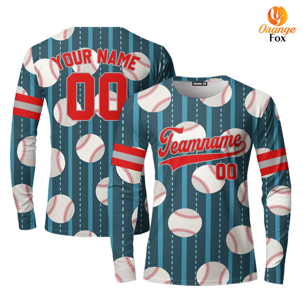 Custom Teal Baseball Striped Pattern Red Gray Custom Long Sleeve T-Shirt For Men & Women