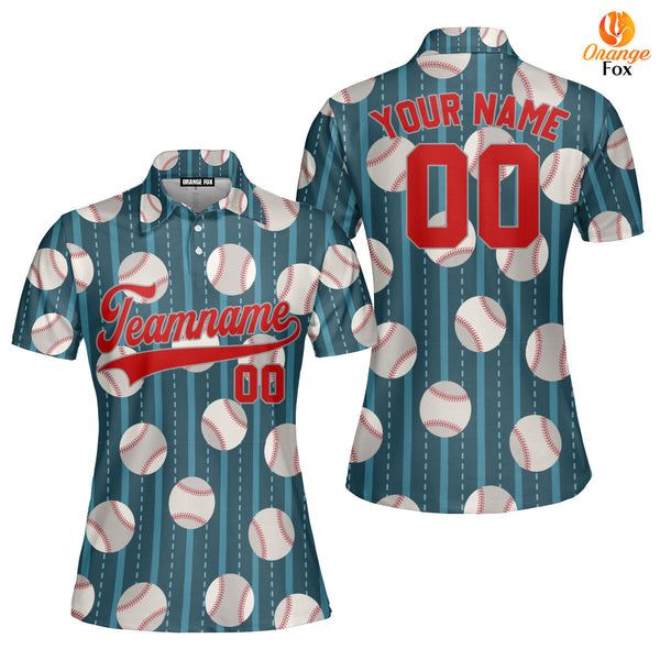 Custom Teal Baseball Striped Pattern Red Gray Custom Polo Shirt For Women