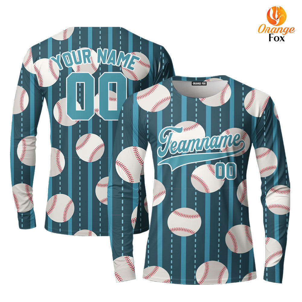 Custom Teal Baseball Striped Pattern Teal White Custom Long Sleeve T-Shirt For Men & Women