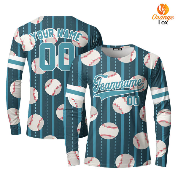 Custom Teal Baseball Striped Pattern Teal White Custom Long Sleeve T-Shirt For Men & Women