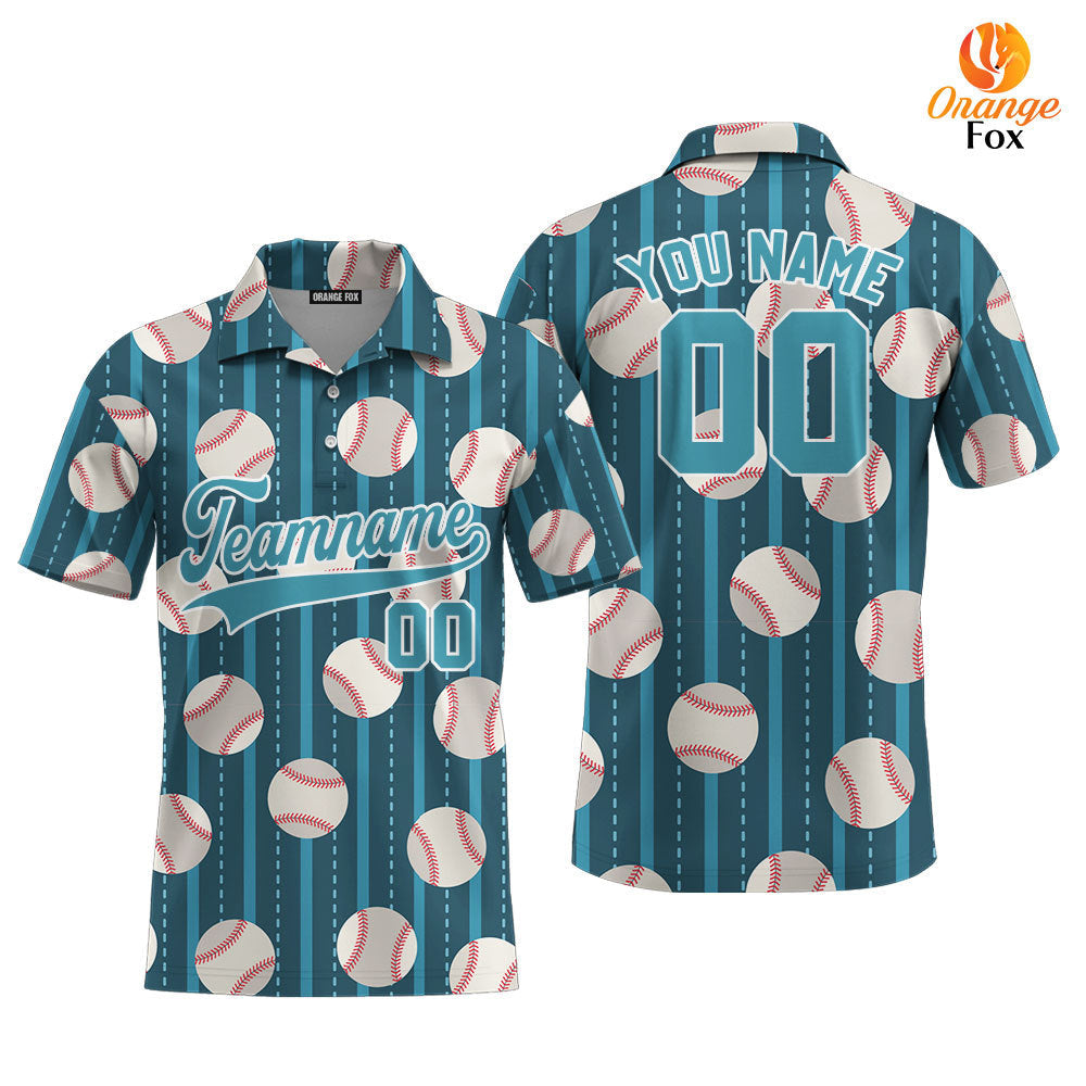 Custom Teal Baseball Striped Pattern Teal White Custom Polo Shirt For Men