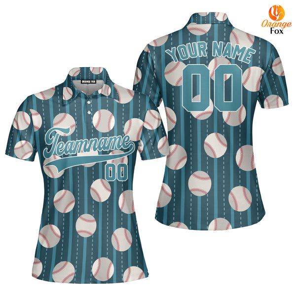 Custom Teal Baseball Striped Pattern Teal White Custom Polo Shirt For Women