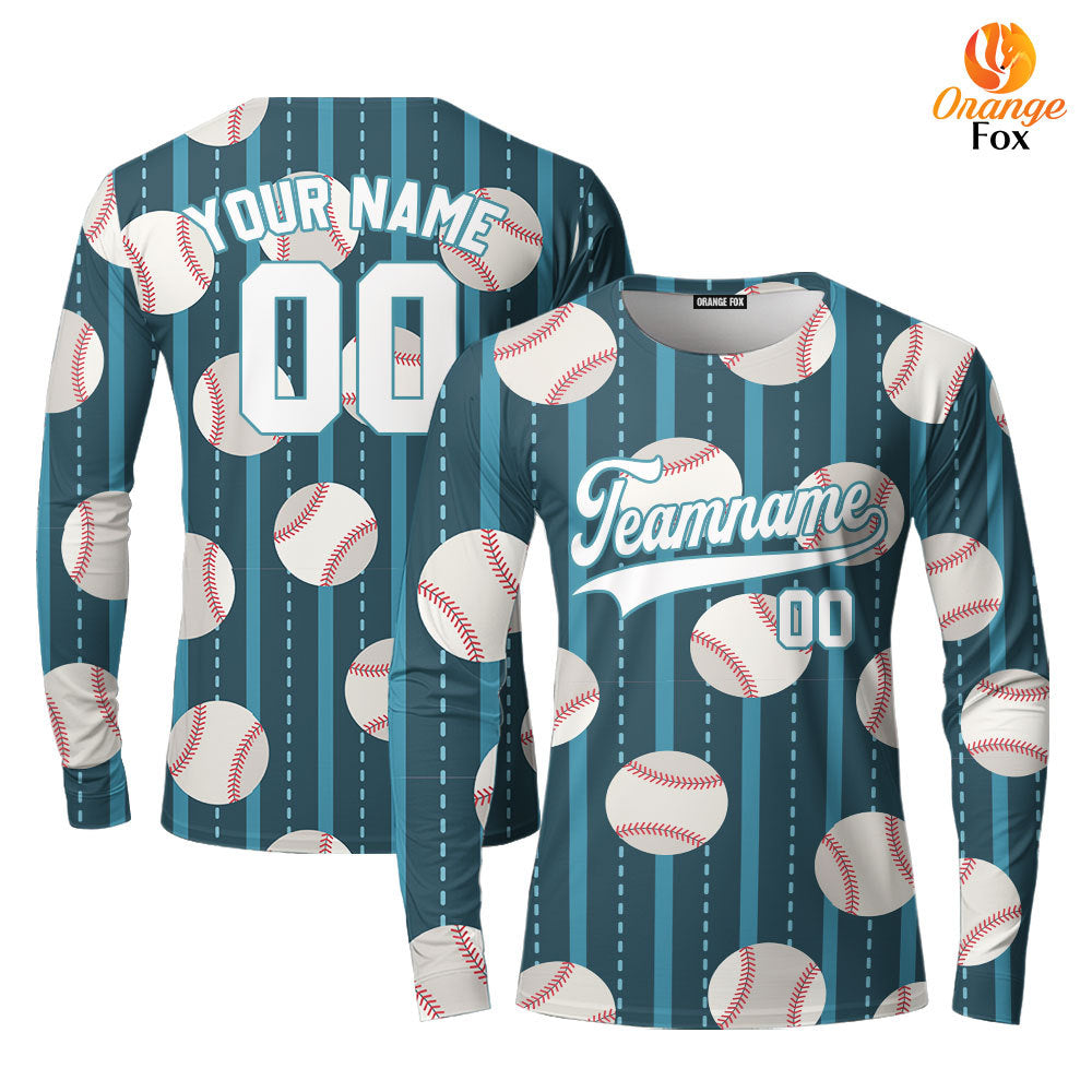 Custom Teal Baseball Striped Pattern White Teal Custom Long Sleeve T-Shirt For Men & Women