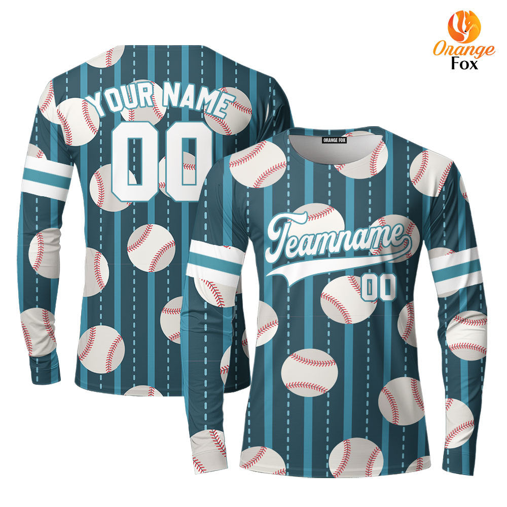 Custom Teal Baseball Striped Pattern White Teal Custom Long Sleeve T-Shirt For Men & Women