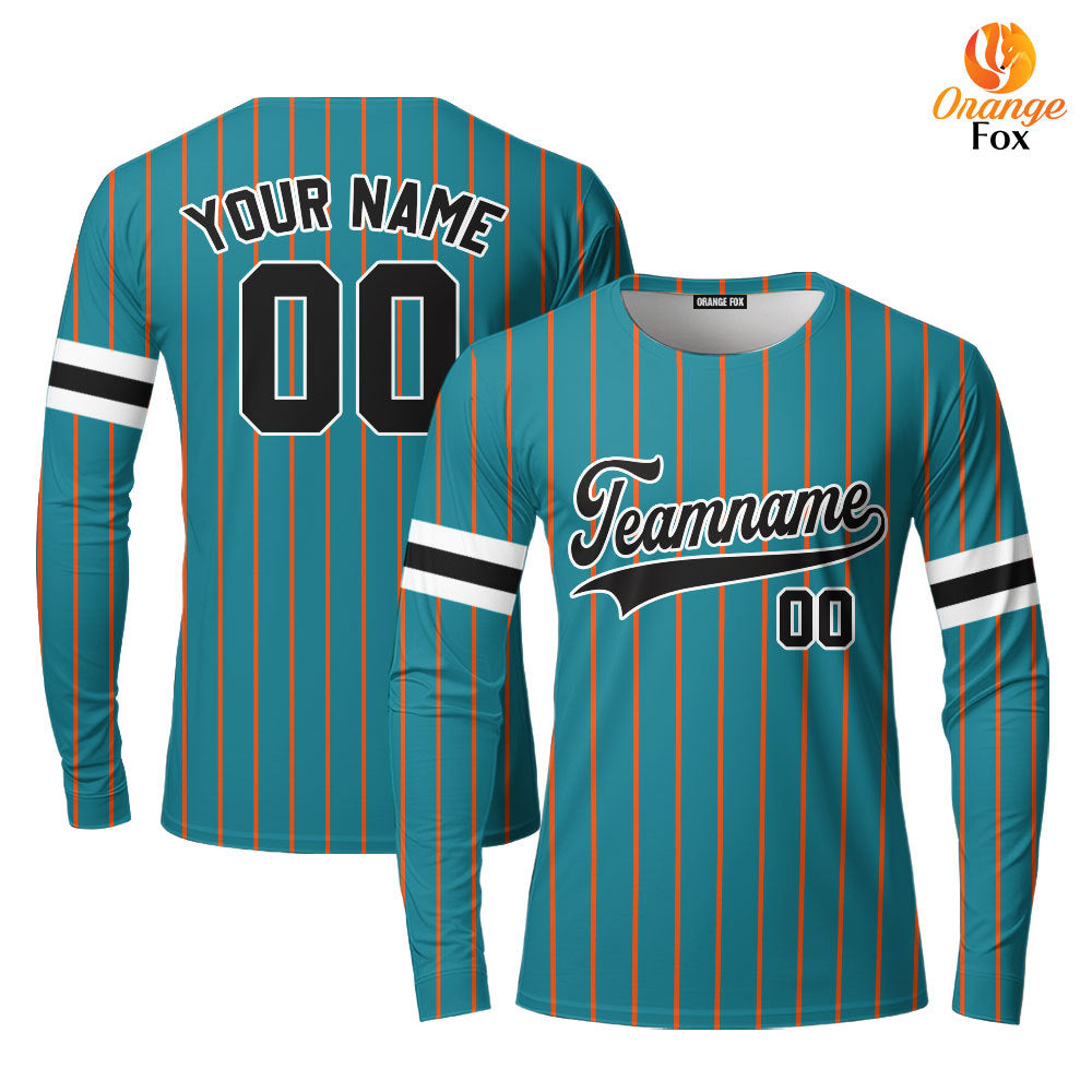 Custom Teal Black Pinstripe Black White Custom Long Sleeve T-Shirt For Men & Women