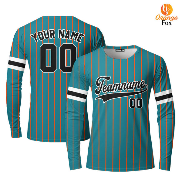 Custom Teal Black Pinstripe Black White Custom Long Sleeve T-Shirt For Men & Women