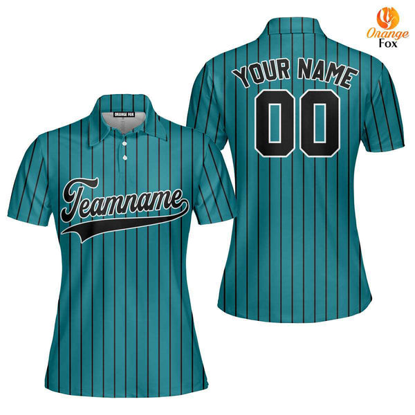 Custom Teal Black Pinstripe Black White Custom Polo Shirt For Women